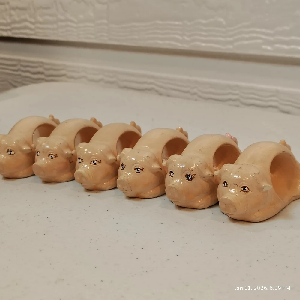 Vintage Pottery Pink Pig Napkin Rings Holders Hand Painted Set of 6